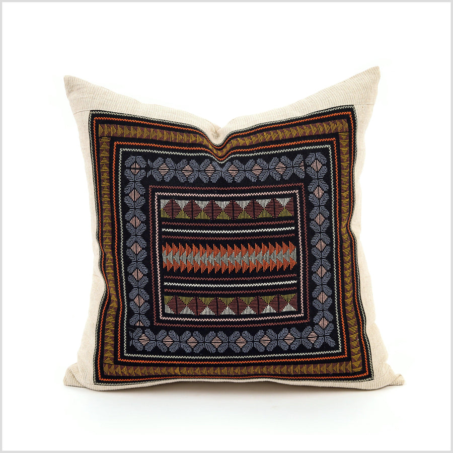 Boho tribal ethnic Akha pillow, hand embroidered traditional textile, 20 in. square cushion, fair trade, bright multi colors, cheerful YY11