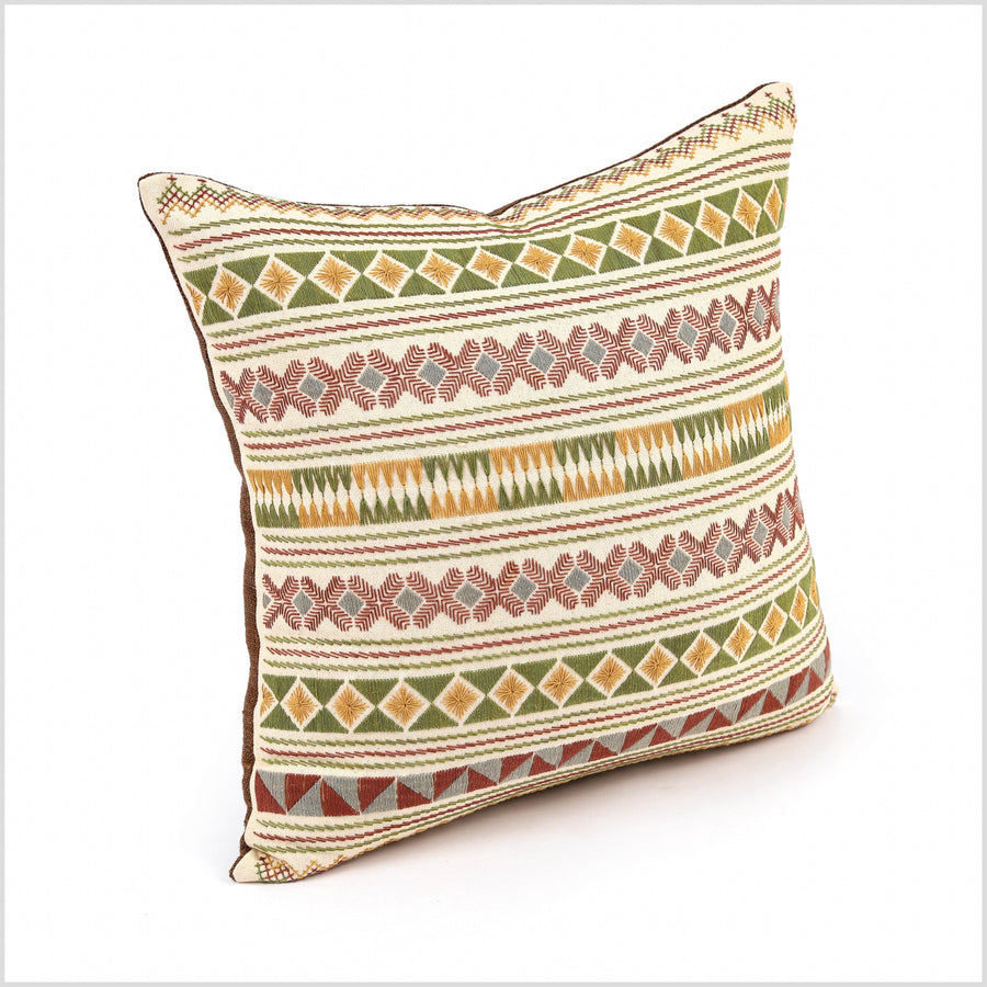 Boho tribal ethnic Akha pillow, hand embroidered traditional textile, 20 in. square cushion, fair trade, bright multi colors, cheerful YY13