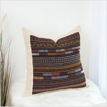 Boho tribal ethnic Akha pillow, hand embroidered traditional textile, 20 in. square cushion, fair trade, bright multi colors, cheerful YY6