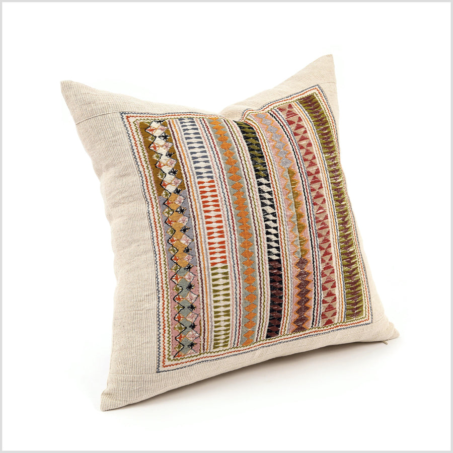 Boho tribal ethnic Akha pillow, hand embroidered traditional textile, 20 in. square cushion, fair trade, bright multi colors, cheerful YY7