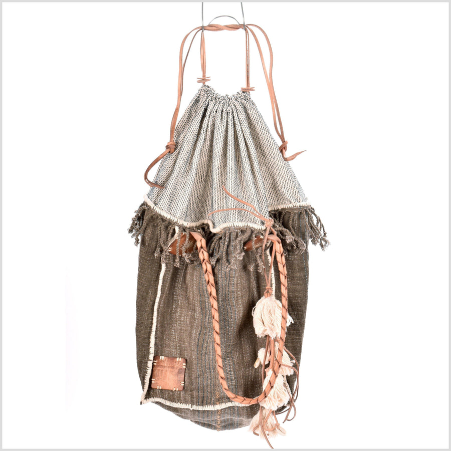 Brown striped cotton handbag, ethnic boho style, natural dye soft cotton, leather handles, tribal hand stitching BG15