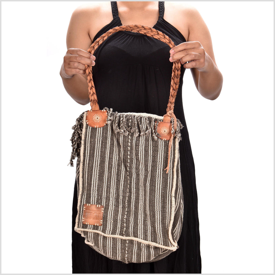 Brown striped cotton handbag, ethnic boho style, natural dye soft cotton, leather handles, tribal hand stitching BG22