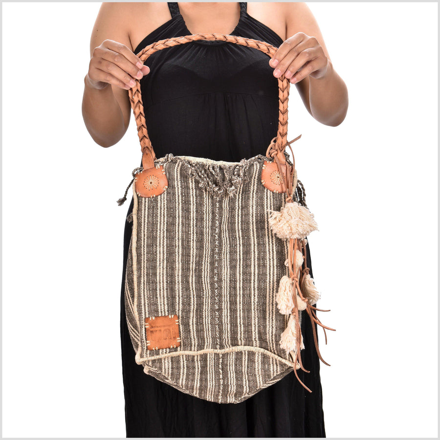 Brown striped cotton handbag, ethnic boho style, natural dye soft cotton, leather handles, tribal hand stitching BG25