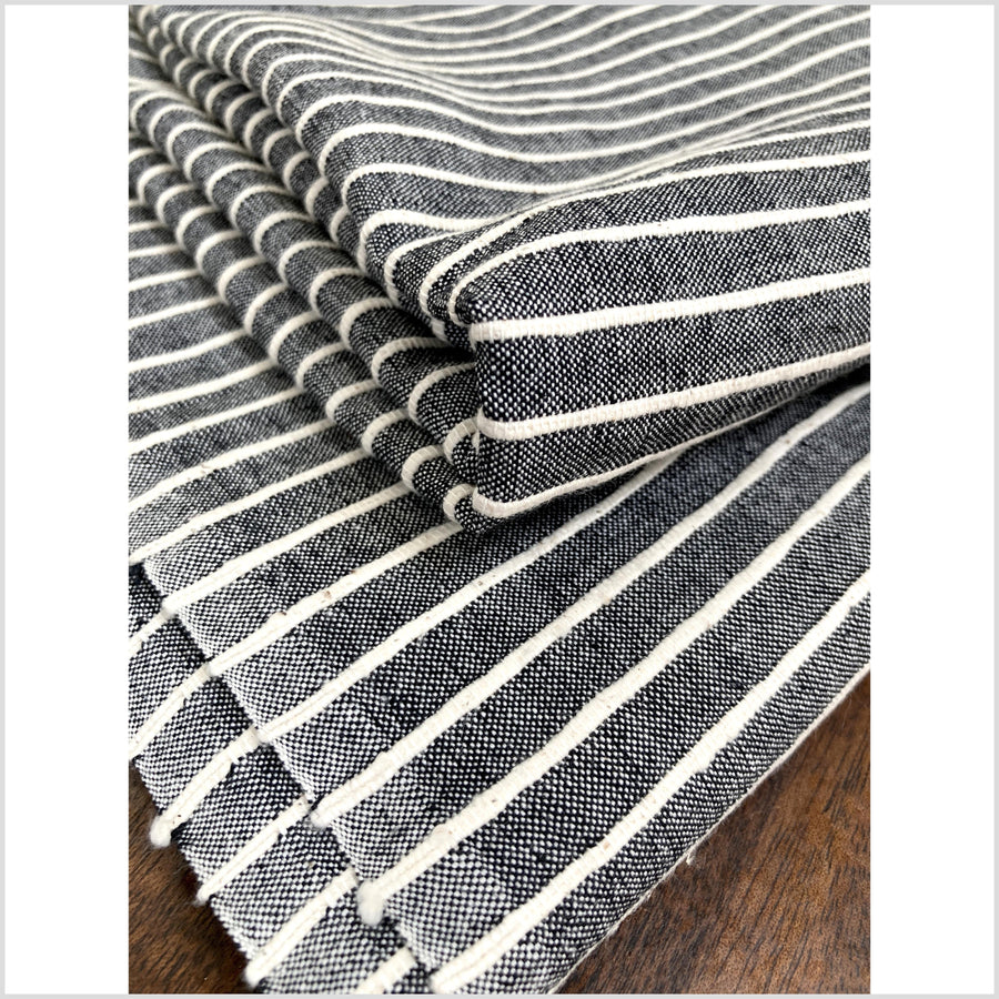 Dark gray two-tone, big texture cotton fabric, cream stripes, organic vegetable dye color, handwoven raised, ribbed texture, Thailand craft supply PHA266