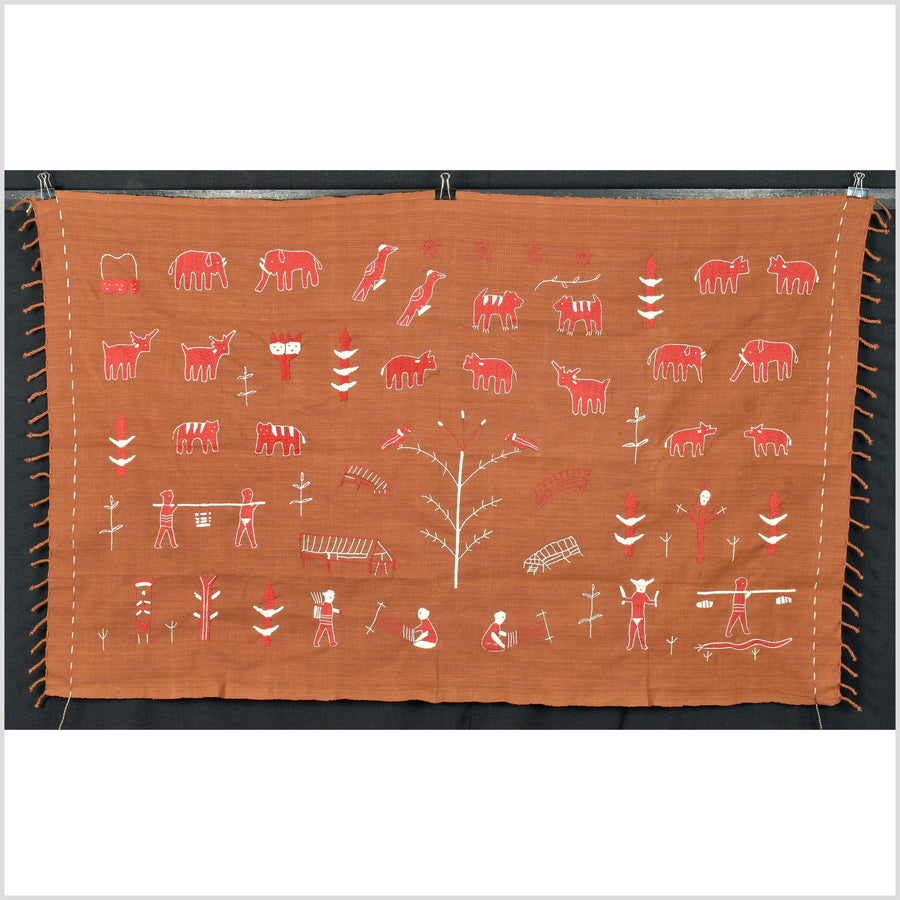 Dark orange ocher, cotton story quilt Naga tribal textile ethnic embroidered boho fabric Burma hill tribe tapestry Thailand India Hmong OB42