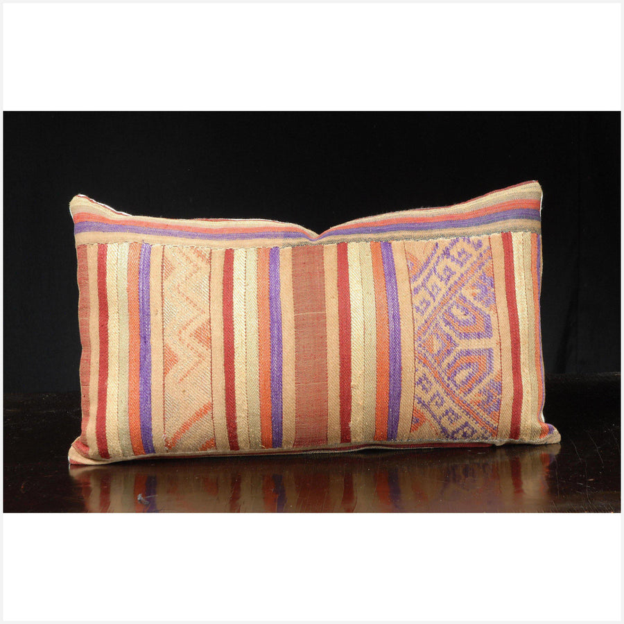 Decorative tribal throw pillow, Laos tribal textile, vintage hand woven cotton SILK ethnic fabric, lumbar toss cushion. 21 x 13 inch. SM19