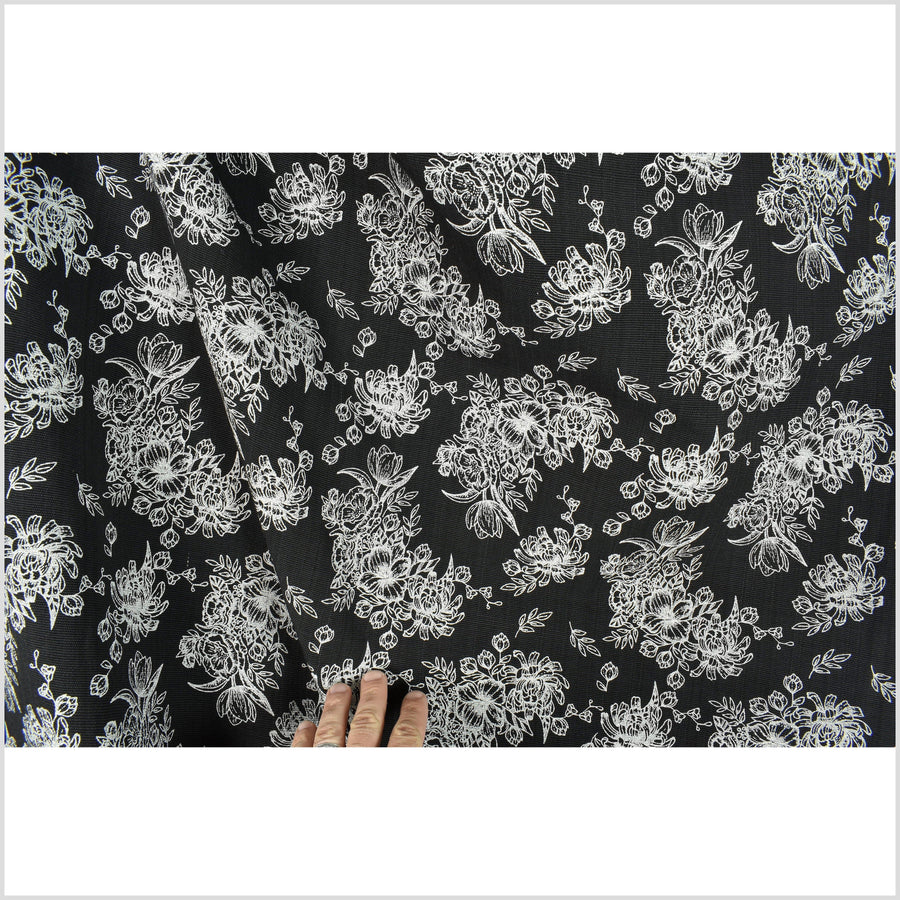 Deep black cotton fabric with raised texture, medium-weight, contrast cream floral print, Thailand woven craft per yard PHA282