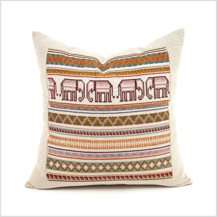 Elephant tribal ethnic Akha pillow, hand embroidered traditional textile, 20 in. square cushion, fair trade, bright color cheerful YY8