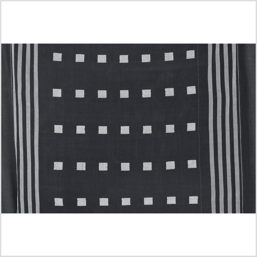 Ethnic Naga blanket, handwoven tribal cotton throw, gray squares on black background, boho tapestry India textile runner AW26