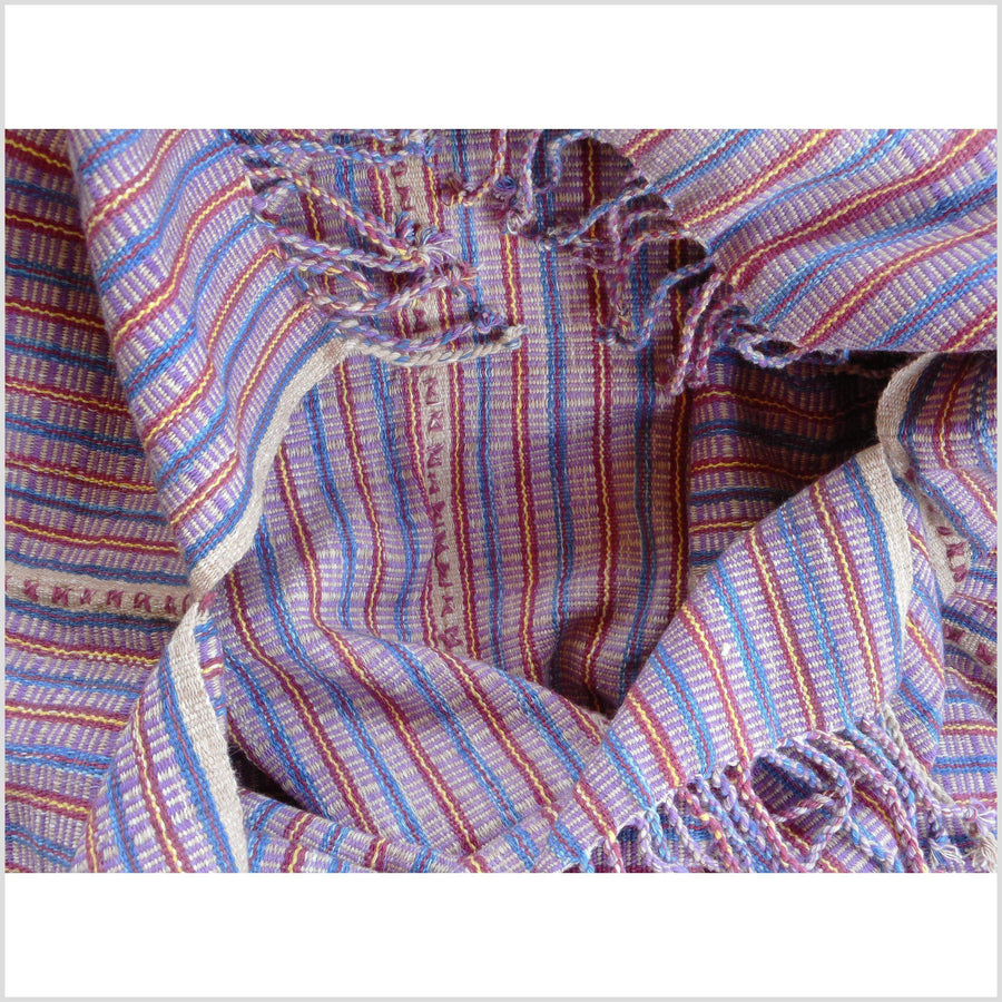 Ethnic cotton boho fabric shirt tribal Karen handwoven stripe textile purple blue pink natural cotton tassel handmade Asian minority 31 DS53