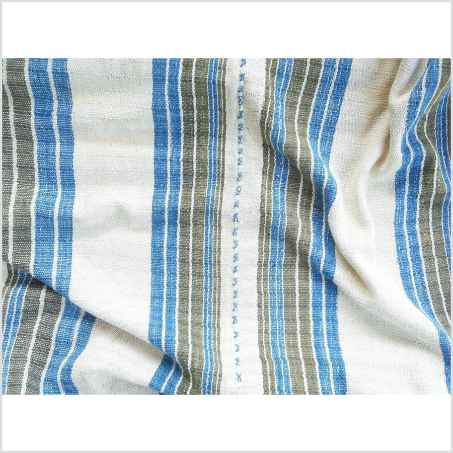 Ethnic cotton boho fabric shirt tribal Karen handwoven stripe textile white blue green natural cotton tassel handmade Asian minority 31 DS52