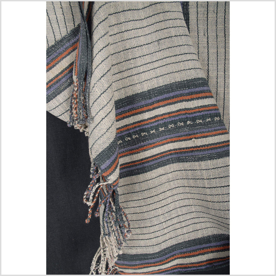 Ethnic cotton boho fabric shirt tribal Karen handwoven stripe textile white gray purple natural cotton tassel handmade Asian 31 DS93