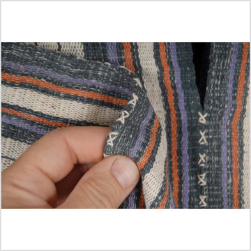 Ethnic cotton boho fabric shirt tribal Karen handwoven stripe textile white gray purple natural cotton tassel handmade Asian 31 DS93