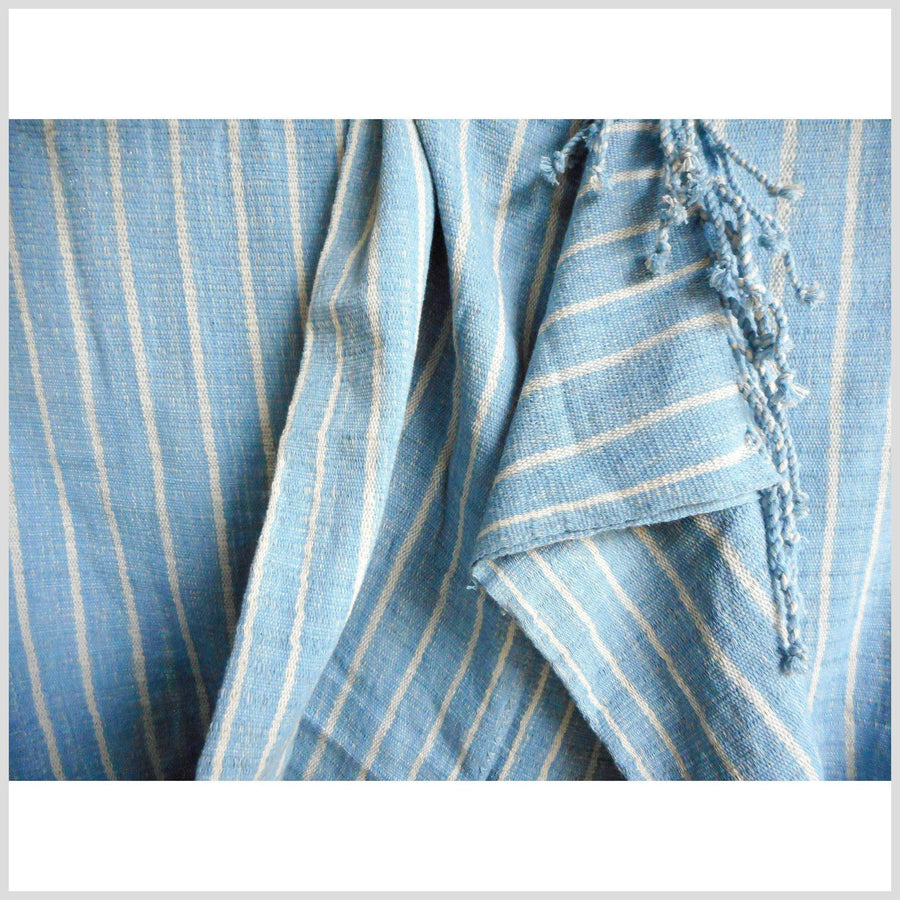 Ethnic cotton shirt tribal tunic Karen handwoven stripe textile white blue natural boho fabric cotton tassel handmade minority cloth CR81