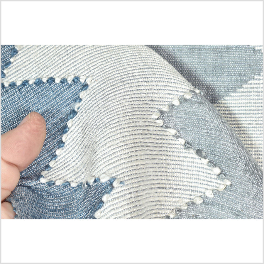 Exquisite handwoven gray sky-blue off-white 100% silk runner, Laos tapestry textile, hand spun throw, natural dye boho ethnic decor RB77