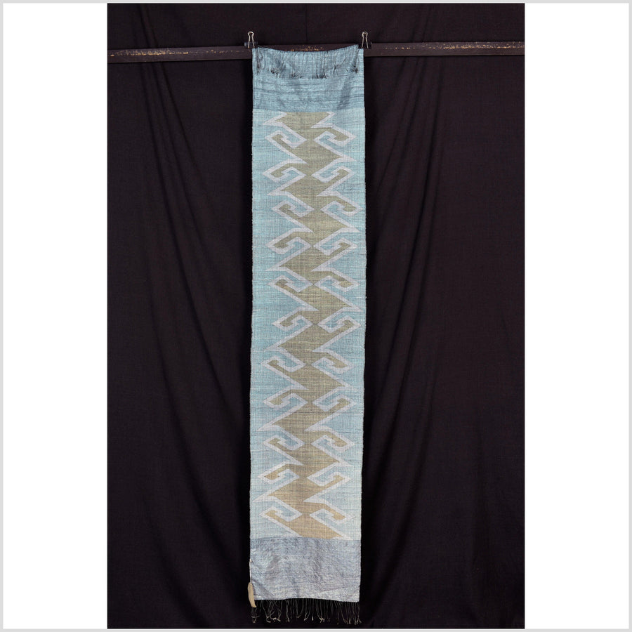 Exquisite handwoven teal gold blue celadon 100% silk runner, Laos tapestry textile, hand spun throw scarf natural dye boho ethnic decor RB84