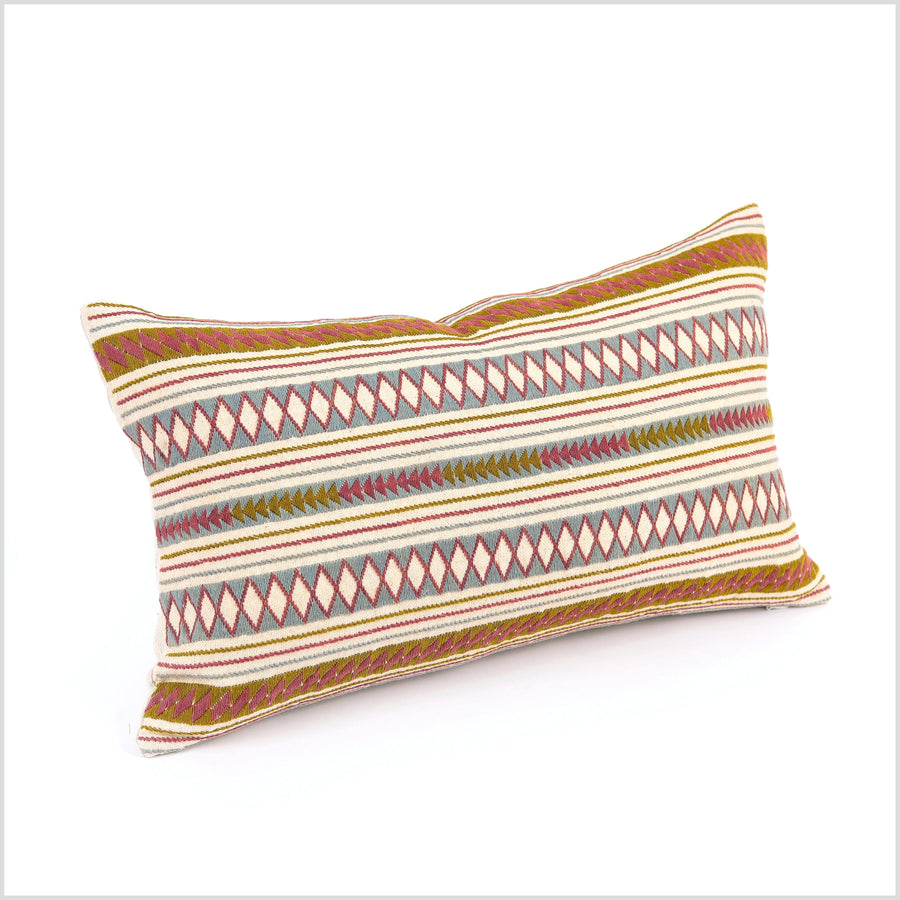 Geometric tribal ethnic Akha pillow, hand embroidered traditional textile, lumbar rectangle cushion, fair trade, multi color cheerful YY25