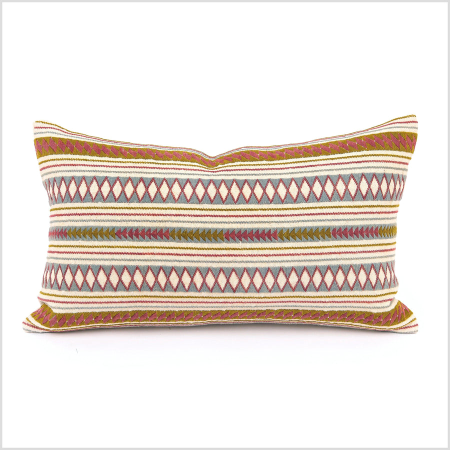 Geometric tribal ethnic Akha pillow, hand embroidered traditional textile, lumbar rectangle cushion, fair trade, multi color cheerful YY25