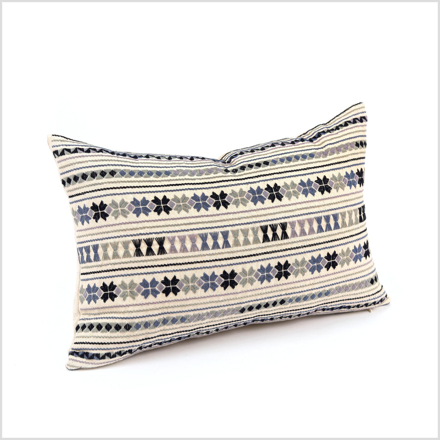 Geometric tribal ethnic Akha pillow, hand embroidered traditional textile, lumbar rectangle cushion, fair trade, multi color cheerful YY29