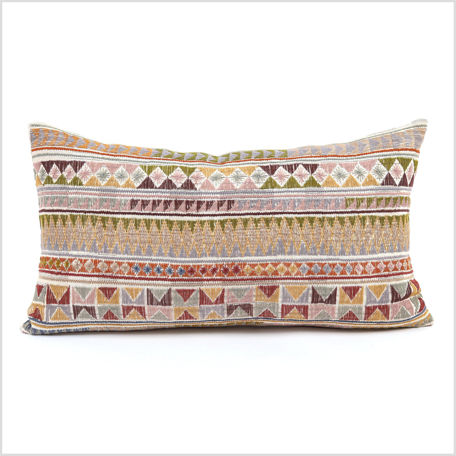 Geometric tribal ethnic Akha pillow, hand embroidered traditional textile, lumbar rectangle cushion, fair trade, multi color cheerful YY36