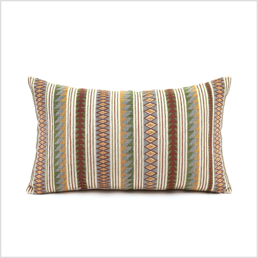 Geometric tribal ethnic Akha pillow, hand embroidered traditional textile, lumbar rectangle cushion, fair trade, multi color cheerful YY37