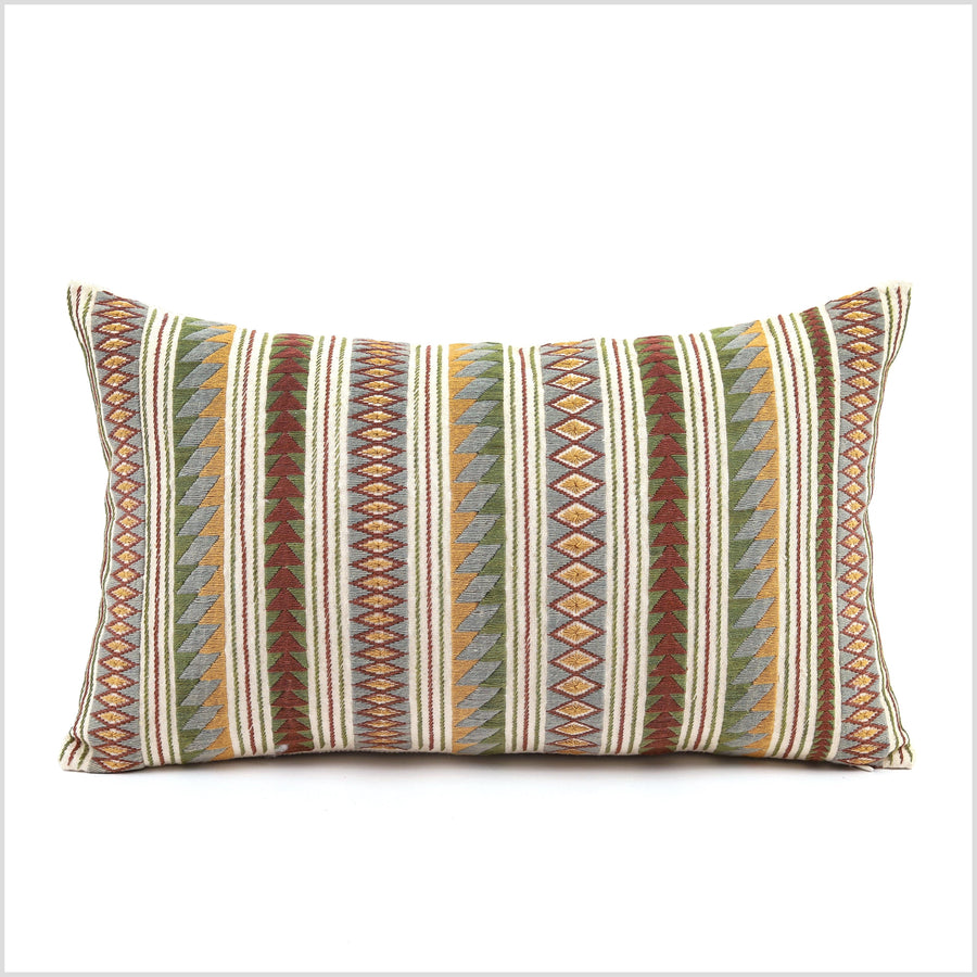 Geometric tribal ethnic Akha pillow, hand embroidered traditional textile, lumbar rectangle cushion, fair trade, multi color cheerful YY37