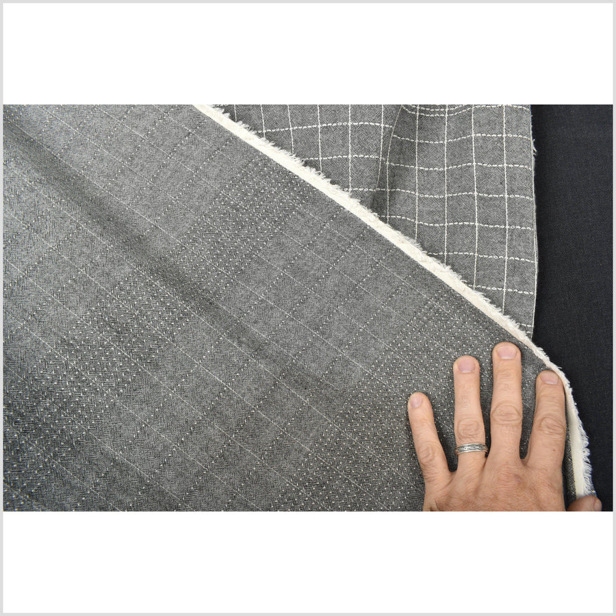 Gray and white with white geometric stitching, cross-hatch pattern, two-sided, by the yard PHA119-10