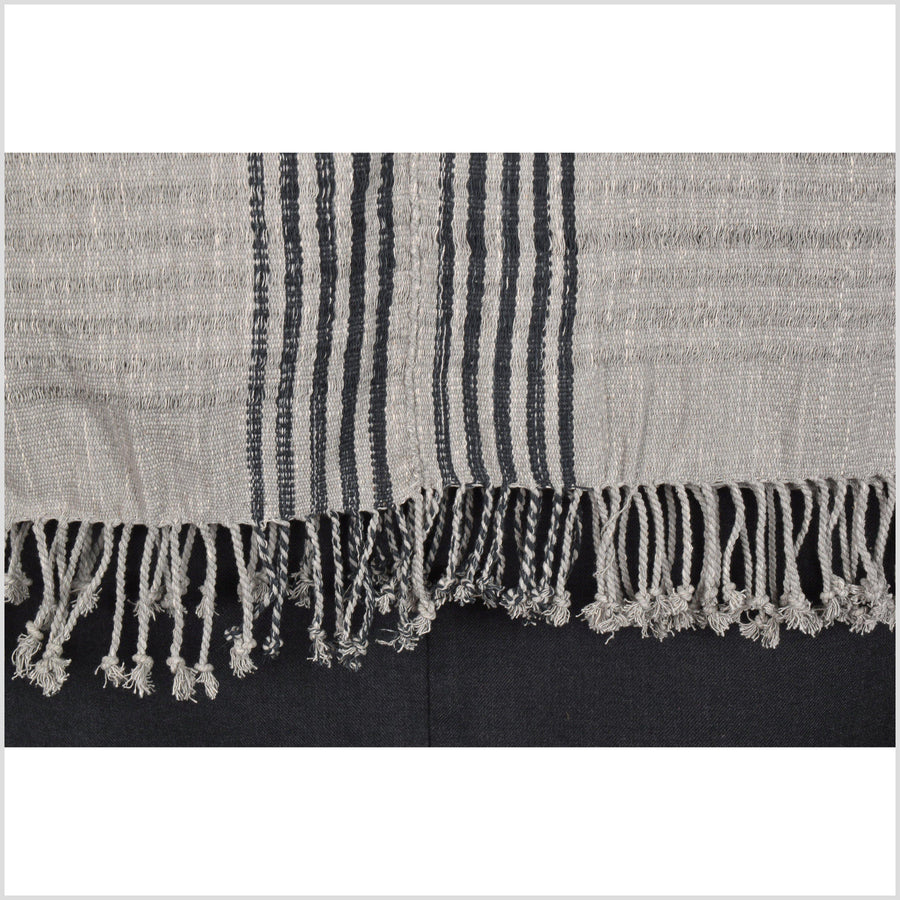 Gray, black stripe, natural organic dye cotton, handwoven neutral earth tone tribal textile, Karen Hmong fabric, Thai bohemian throw MQ18