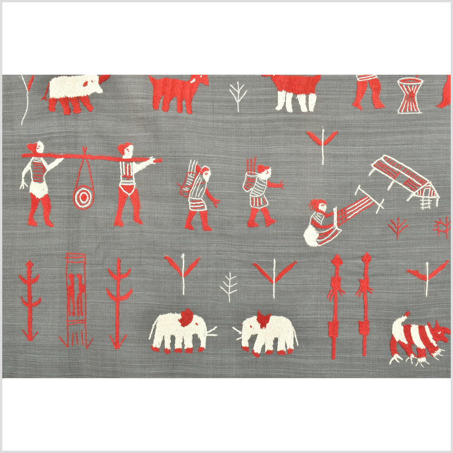 Gray cream red Naga tribal textile cotton story quilt, animals, chief's hut, totems, boho hilltribe tapestry Thailand India OB116