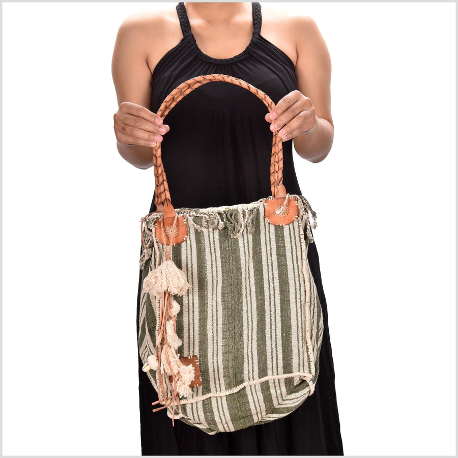 Gray-green striped cotton handbag, ethnic boho style, natural dye soft cotton, leather handles, tribal hand stitching BG18