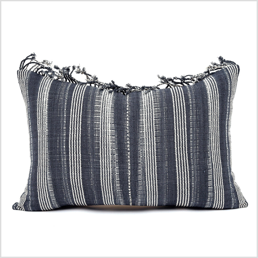 Gray off-white stripe lumbar pillow, neutral organic dye cushion, tribal ethnic boho pillowcase Hmong hilltribe 22