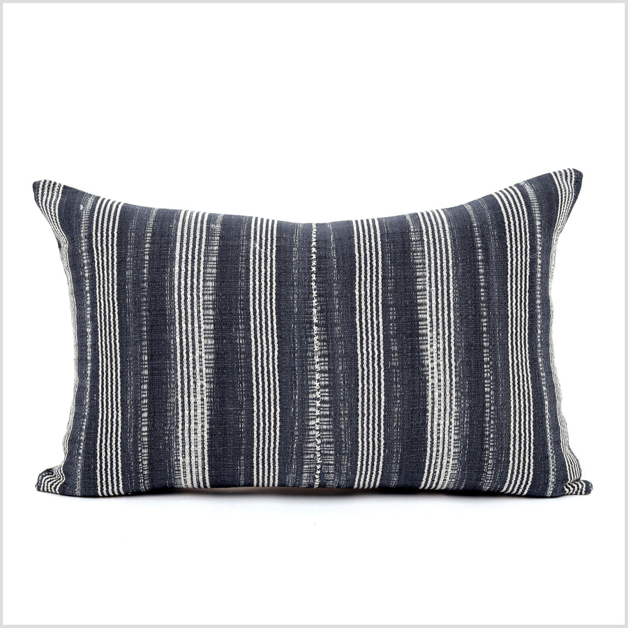 Gray off-white stripe lumbar pillow, neutral organic dye cushion, tribal ethnic tassel pillowcase Hmong hilltribe 22
