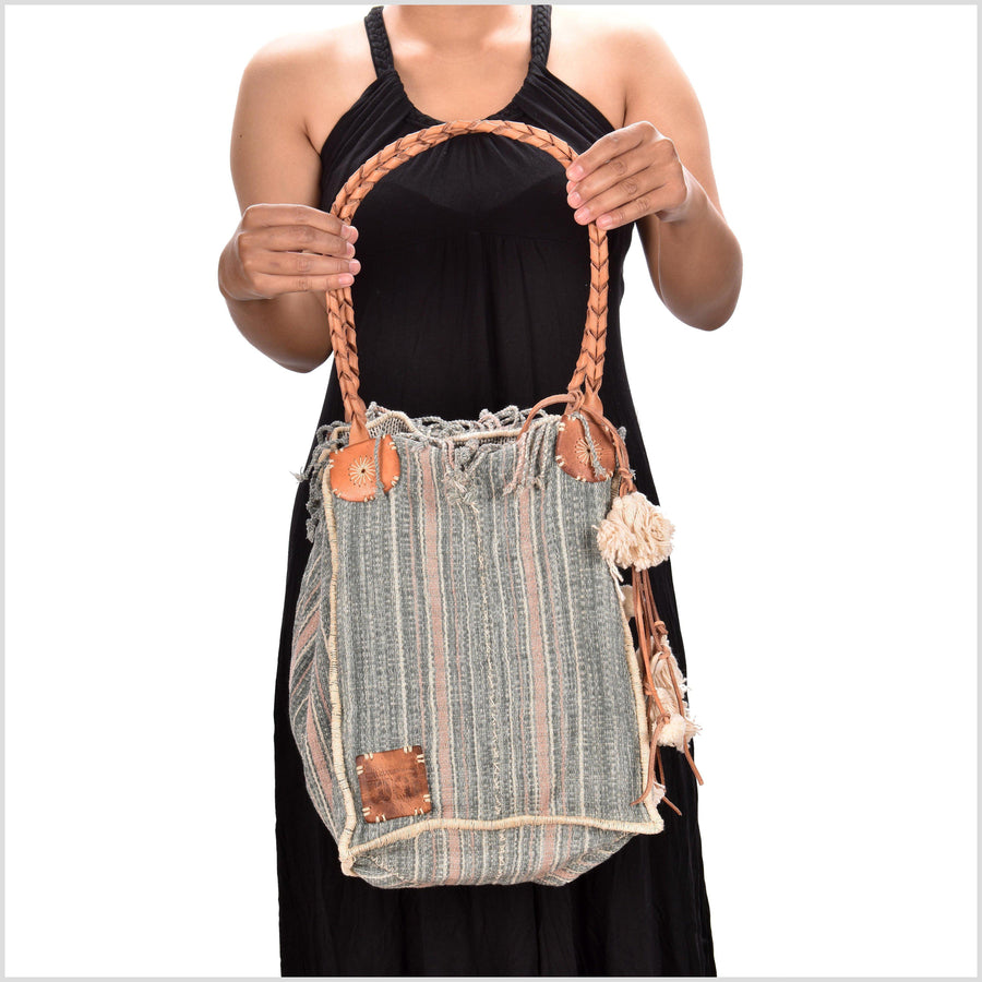 Gray striped cotton handbag, ethnic boho style, natural dye soft cotton, leather handles, tribal hand stitching BG16