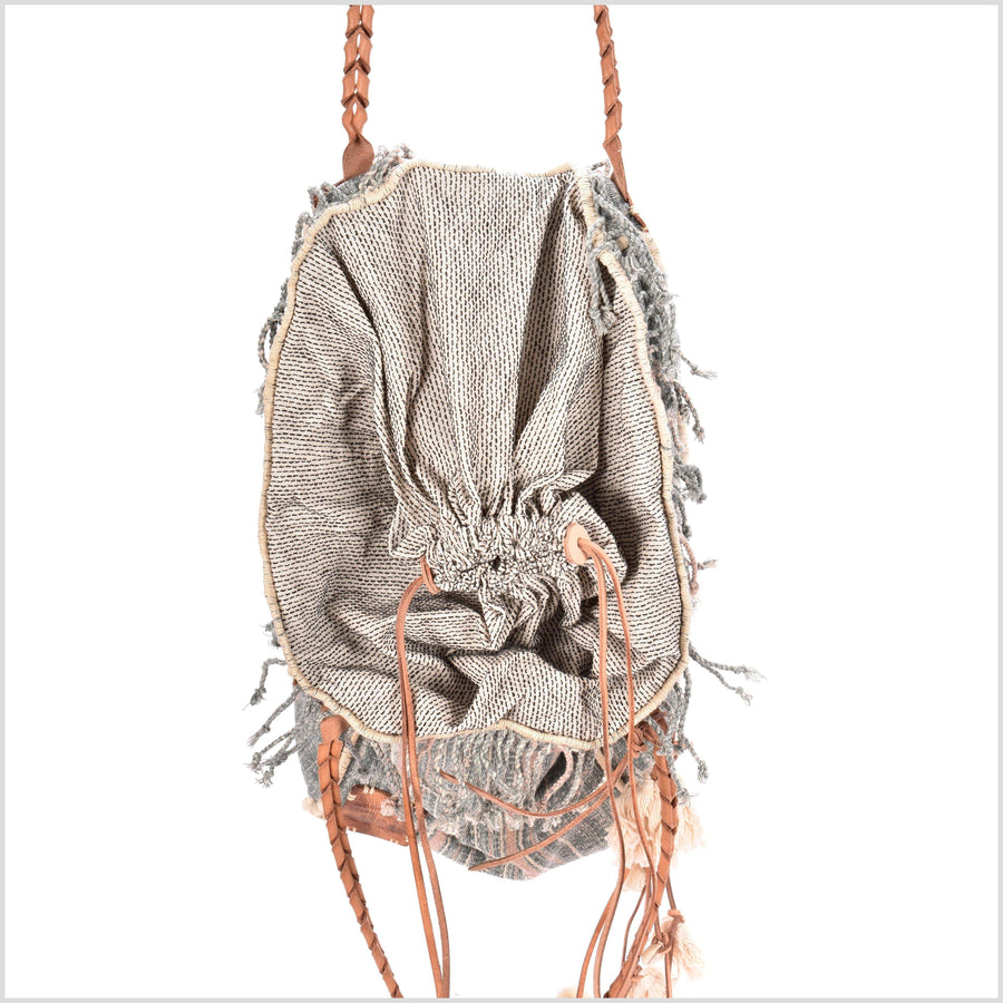 Gray striped cotton handbag, ethnic boho style, natural dye soft cotton, leather handles, tribal hand stitching BG16