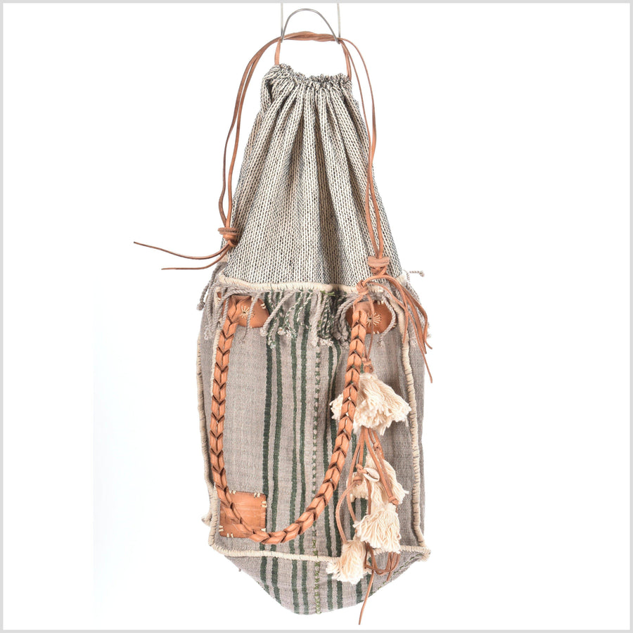 Gray striped cotton handbag, ethnic boho style, natural dye soft cotton, leather handles, tribal hand stitching BG24