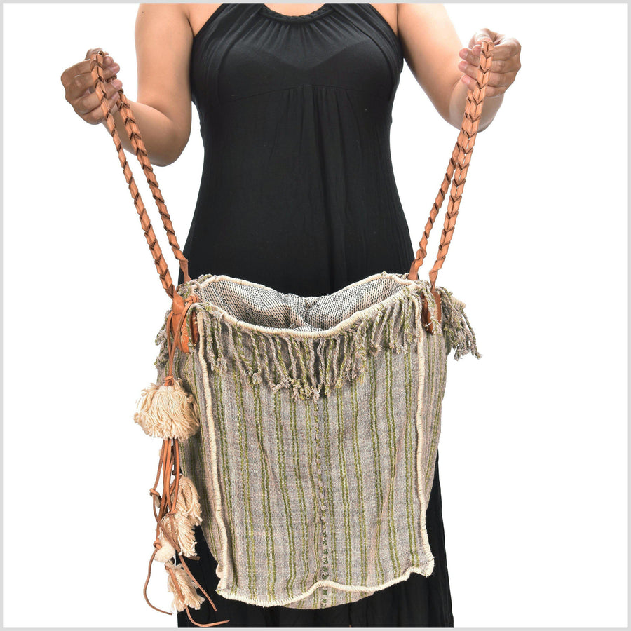 Gray striped summer handbag, ethnic boho style, natural dye soft cotton, leather handles, tribal hand stitching BG11