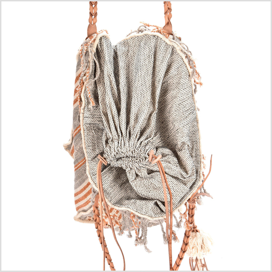 Gray striped summer handbag, ethnic boho style, natural dye soft cotton, leather handles, tribal hand stitching BG12