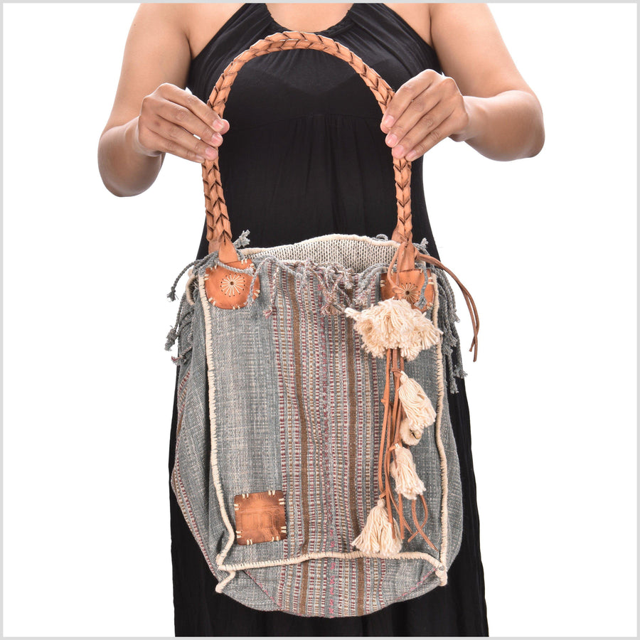 Gray striped summer handbag, ethnic boho style, natural dye soft cotton, leather handles, tribal hand stitching BG5
