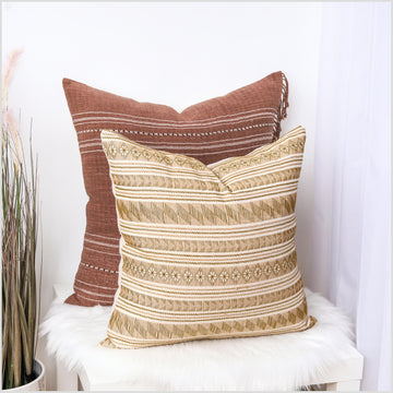 Hand embroidery tribal ethnic Akha pillow, traditional textile design square cushion, fair trade tan, cream, beige, khaki, olive color YY51