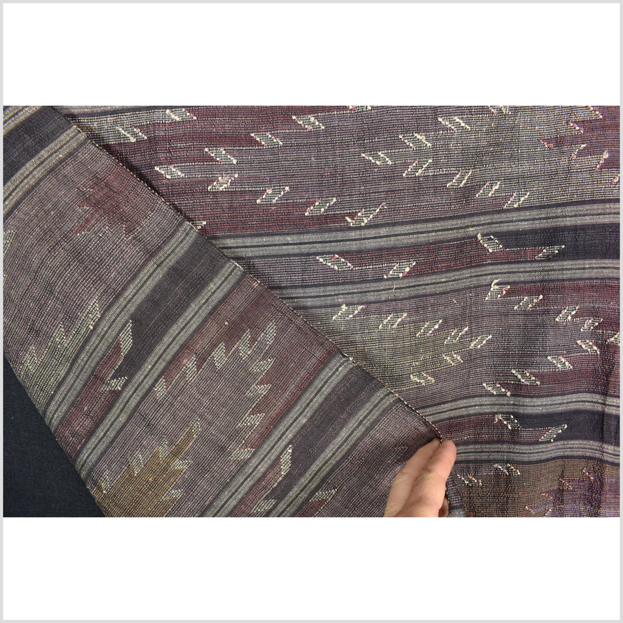 Handwoven purple mauve off-white black tribal silk cotton runner tapestry Laos textile, hand spun throw, natural dye boho ethnic decor RB75