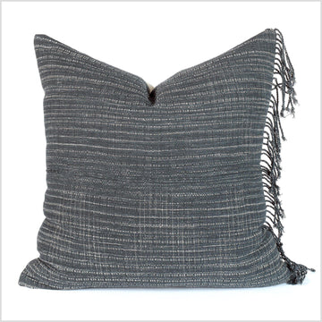 Handwoven tribal pillowcase, dark gray/black with white streaks, natural color cotton square cushion, decorative 23 inch throw pillow QQ45