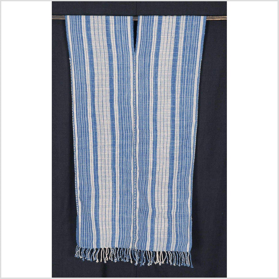 Hmong boho fabric ethnic tribal textile Thailand throw fabric natural dye color white blue stripe hilltribe Karen pillow cotton cloth CB45