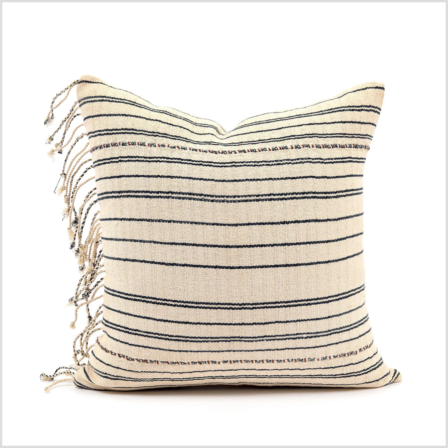 Home Decor Throw Pillow 18 inch Square, Karen Tribal Pillow, Warm Off-White Black Stripe Organic Dye Handwoven Cotton Minimalist Style YY58