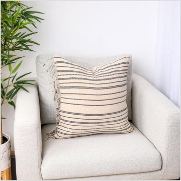 Home Decor Throw Pillow 18 inch Square, Karen Tribal Pillow, Warm Off-White Black Stripe Organic Dye Handwoven Cotton Minimalist Style YY58