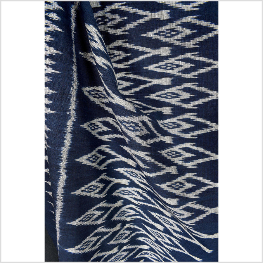 Ikat tribal tapestry, ethnic dark indigo blue & gray runner, Laos Tai Lue boho home decor, handwoven cotton skirt sarong Asian fabric OB9