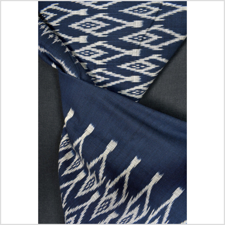 Ikat tribal tapestry, ethnic dark indigo blue & gray runner, Laos Tai Lue boho home decor, handwoven cotton skirt sarong Asian fabric OB9