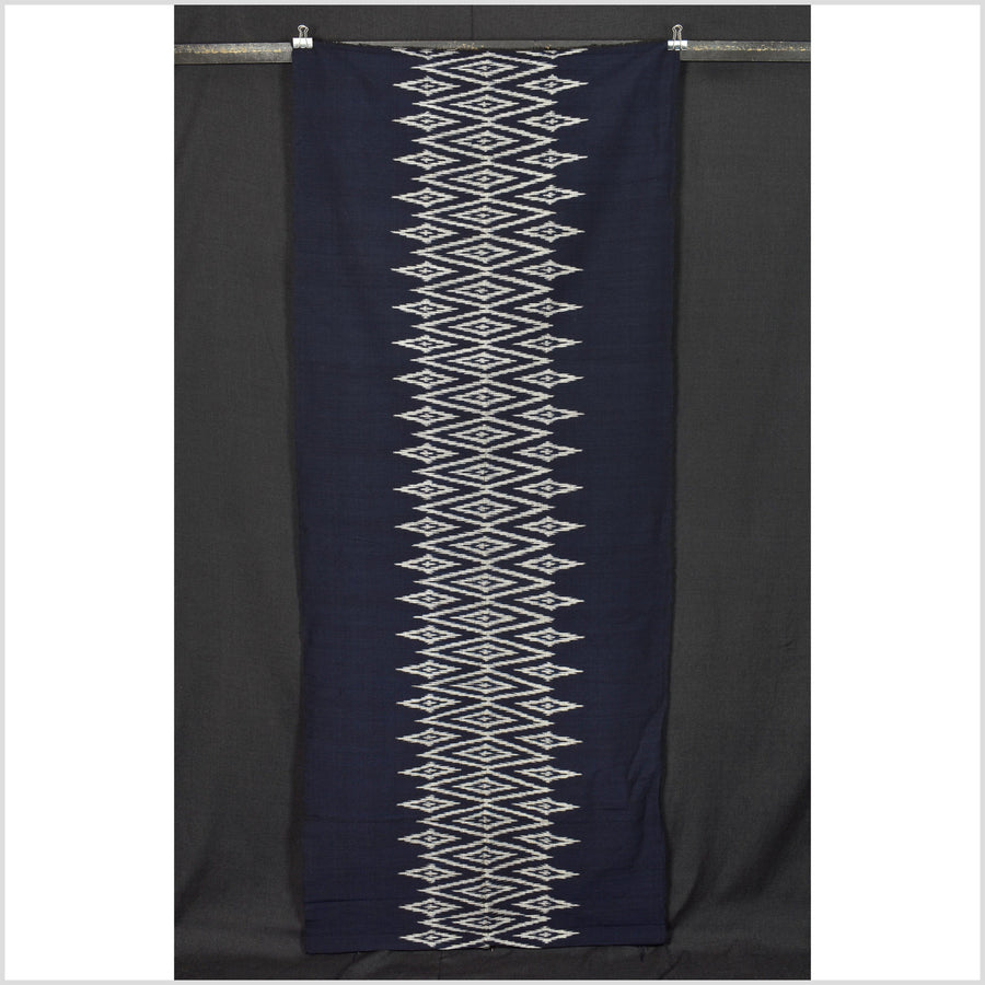 Ikat tribal tapestry, ethnic dark indigo blue runner, Laos Tai Lue boho home decor, handwoven cotton skirt sarong Asian fabric OB3