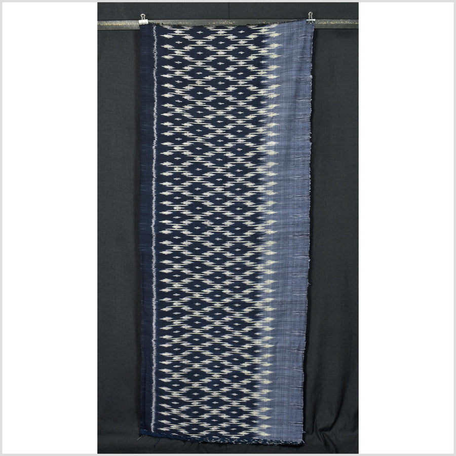 Ikat tribal tapestry, ethnic indigo blue pale violet runner, Laos Tai Lue boho home decor, handwoven cotton skirt sarong Asian fabric OB6