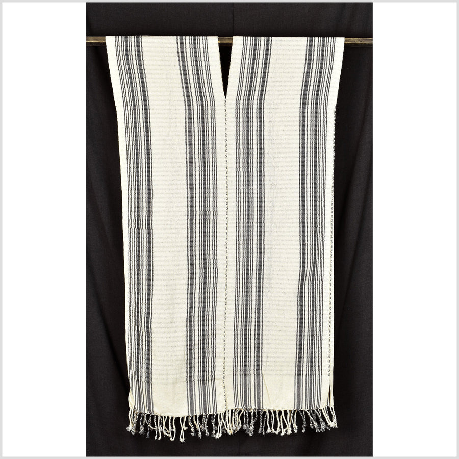 Natural organic dye cotton, handwoven neutral cream gray stripe tribal textile, Karen Hmong fabric, Thai boho throw RB6