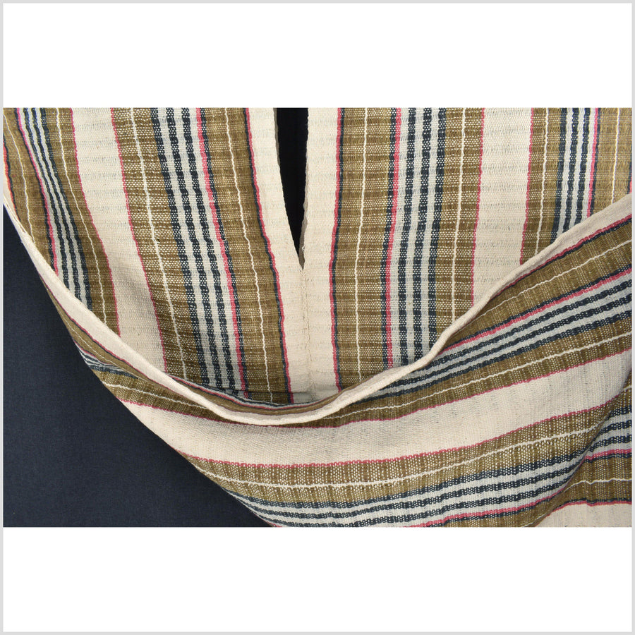 Natural organic dye cotton, handwoven neutral earth tone tribal textile, Karen Hmong fabric, Thai striped boho throw KK14